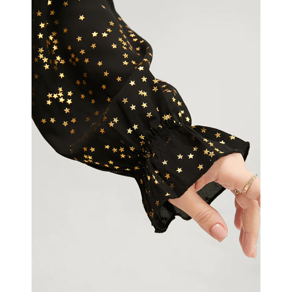 Bloomchic Black & Gold Star Lantern Sleeve Asymmetrical Ruffles Blouse 10 NWT - Picture 5 of 6